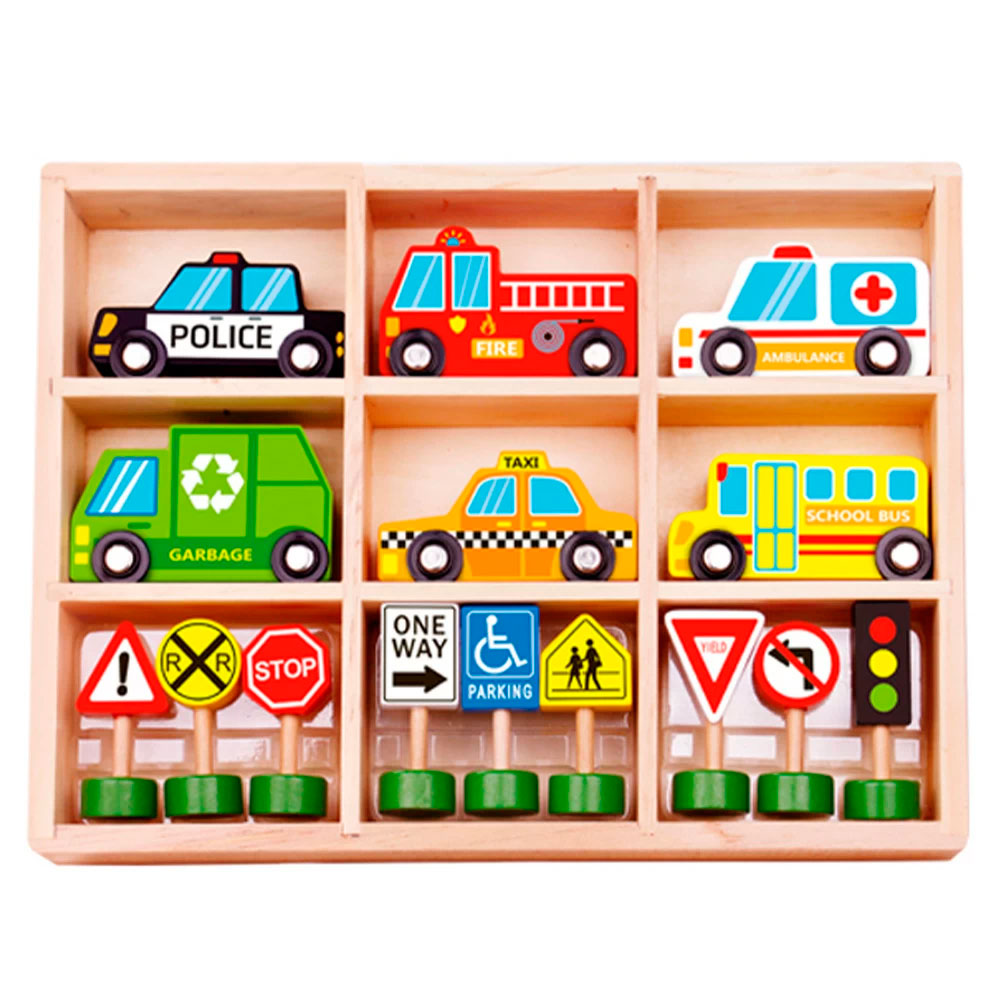 Medinių automobilių rinkinys Tooky Toy "Specialios transporto priemonės ir kelio ženklai"